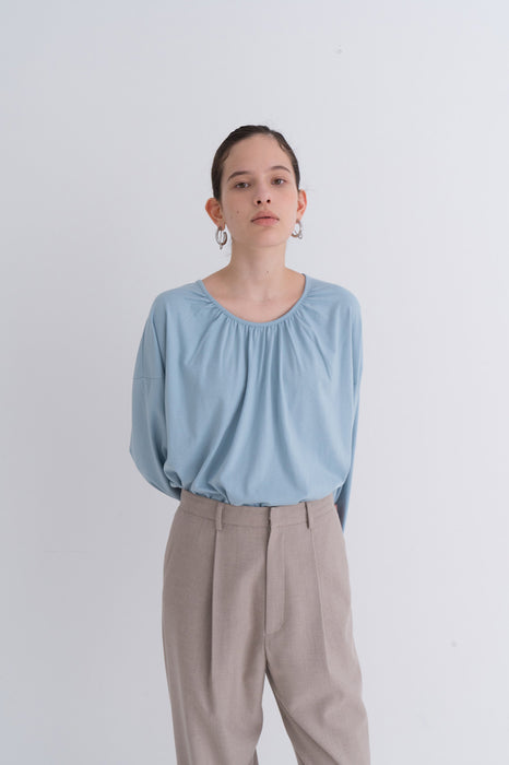 NOTA Double Shirring Cotton Sky Blue Modest Loose-Fitting Women's Top With Pleated Neckline and Cuffs, Loose Long Sleeves