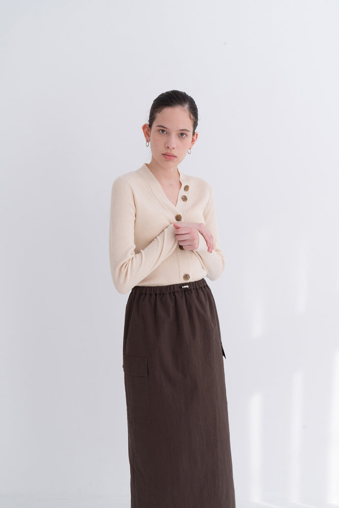 NOTA Twin Pocket String Skirt Brown Modest Below-The-Knee Length Skirt With Elastic Waistband and Side Pockets in Cotton and Nylon
