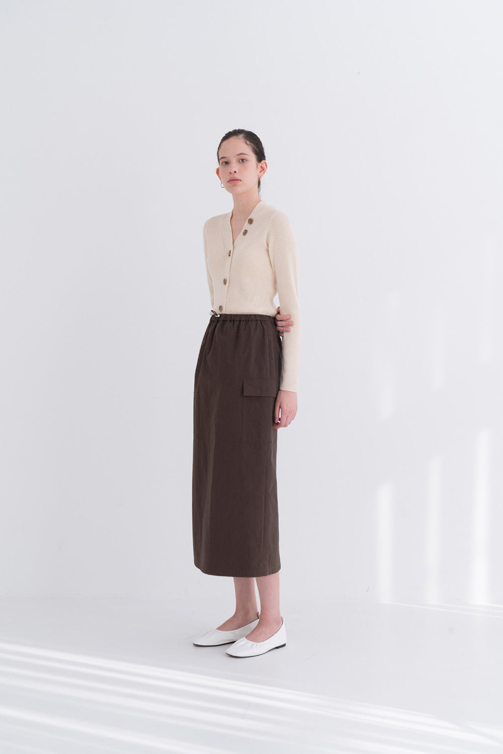 NOTA Twin Pocket String Skirt Brown Modest Below-The-Knee Length Skirt With Elastic Waistband and Side Pockets in Cotton and Nylon
