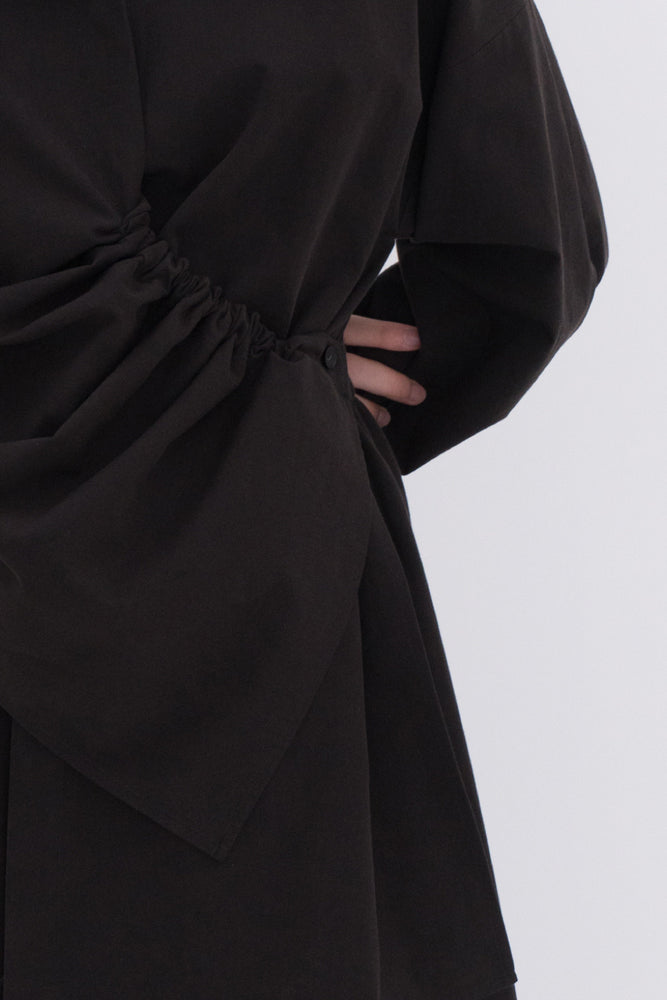 NOTA String Shirring Unbalance Shirt Black Modest Long-Sleeve Women's Long Formal Top with Asymmetric Front Drape Loose Fit 100% Cotton