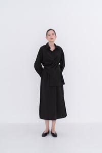 NOTA String Shirring Unbalance Shirt Black Modest Long-Sleeve Women's Long Formal Top with Asymmetric Front Drape Loose Fit 100% Cotton