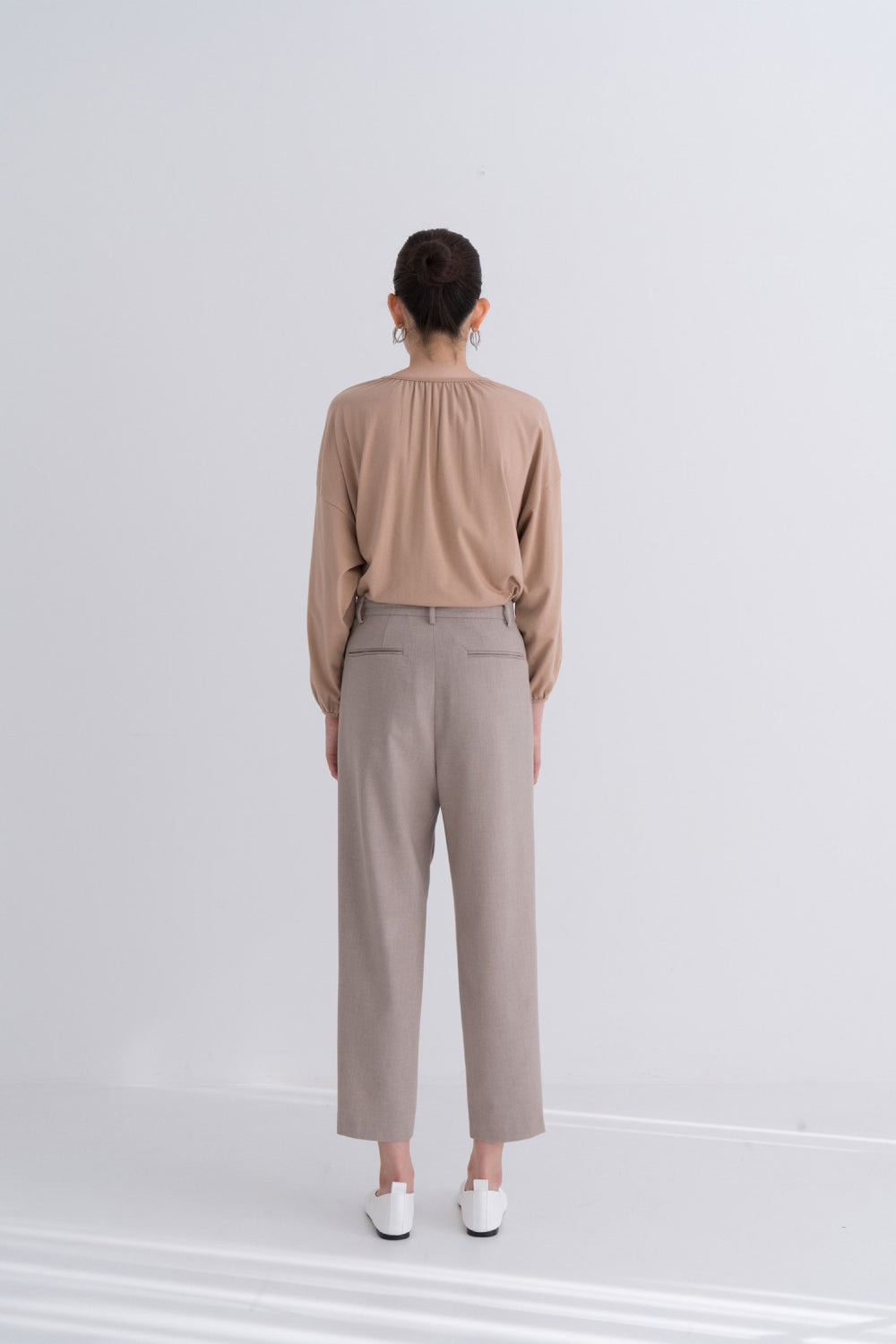NOTA Comfy Pintuck Wool Pants Oatmeal Modest Ladies Loose Long Trousers with Pockets in Beige