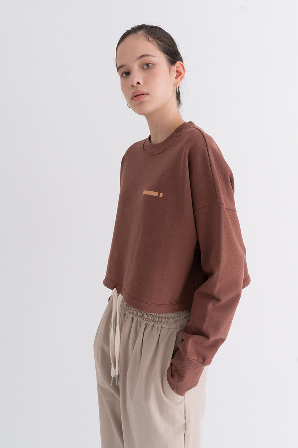 NOTA Essential Bottom String Mtm Brown Modest Loose-Fitting Ladies Top With Drawstring Hemline, Round Neck, Long Sleeves
