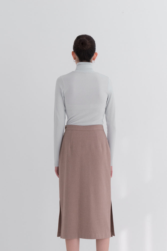 NOTA Herringbone Button Wrap Skirt Brown Modest Long Midi Skirt With Side Slit, Side Buttons, Below-The-Knee Length