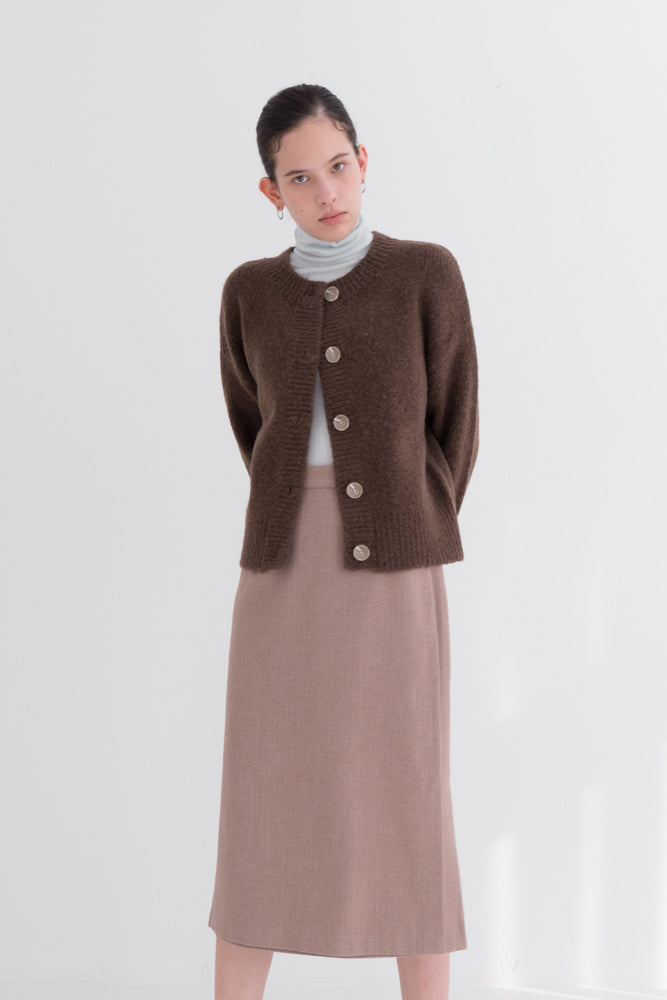 NOTA Herringbone Button Wrap Skirt Brown Modest Long Midi Skirt With Side Slit, Side Buttons, Below-The-Knee Length