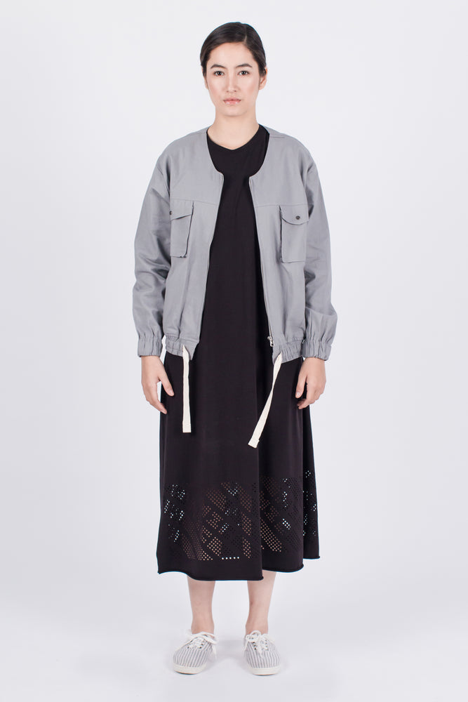 Muzca Imogen Linen Jacket In Grey Modest Loose Collarless Jacket with Zipper, Chest Pockets, and Drawstring in Linen