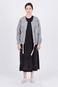 Muzca Imogen Linen Jacket In Grey Modest Loose Collarless Jacket with Zipper, Chest Pockets, and Drawstring in Linen