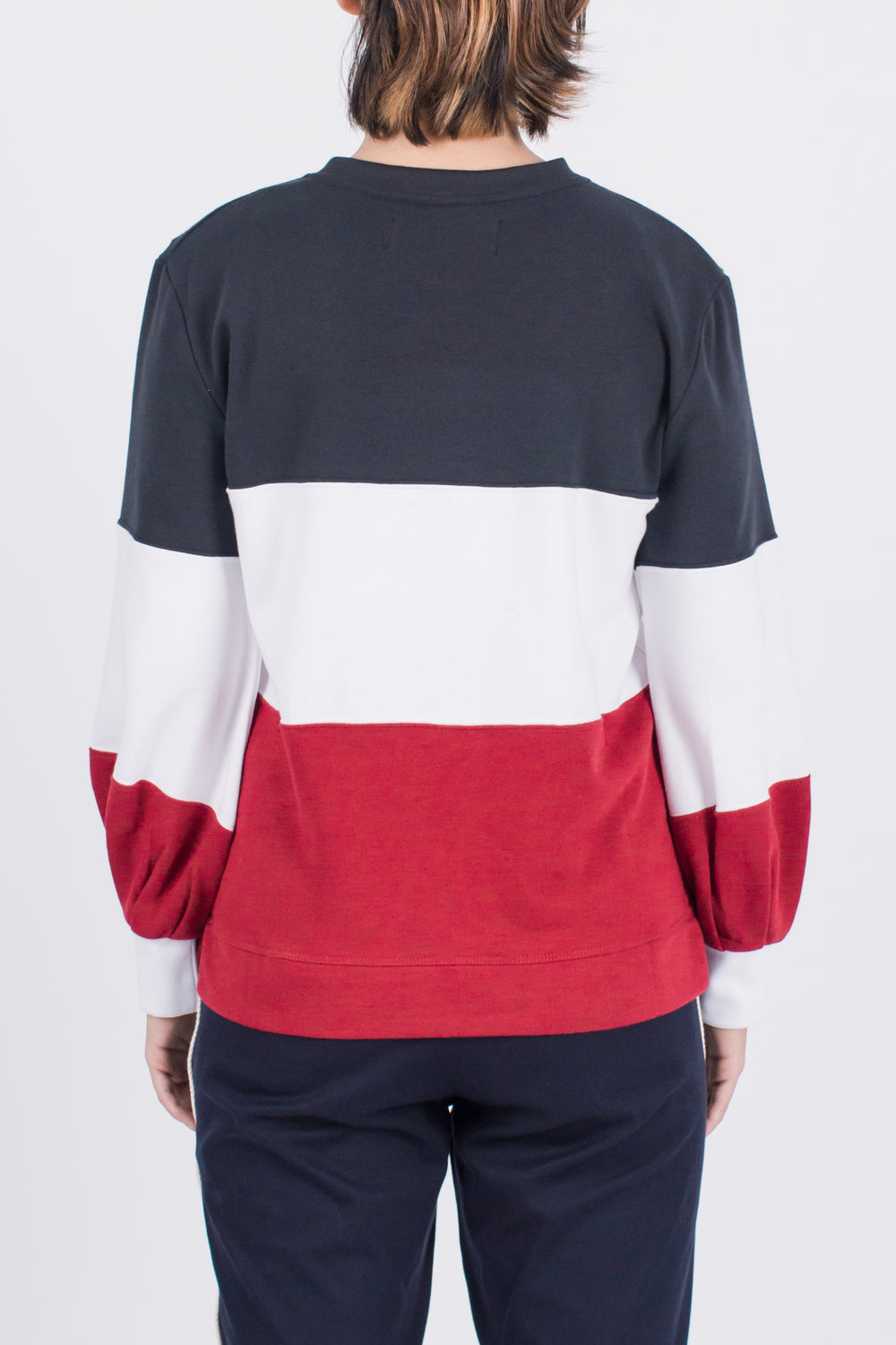 Muzca Jemma Tricolor Sweatshirt Modest Red, White, Blue Stripe Sweater for Women in 100% Cotton