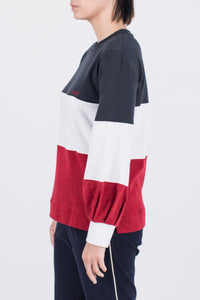 Muzca Jemma Tricolor Sweatshirt Modest Red, White, Blue Stripe Sweater for Women in 100% Cotton