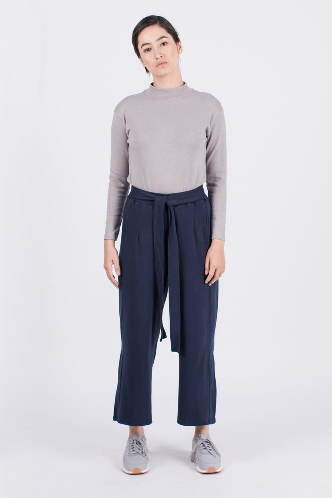 Muzca Sybil Side Slith Pants In Navy Modest Loose Fitting Women Trousers in Navy with Belt Sash, Pockets, Slit in 100% Cotton 