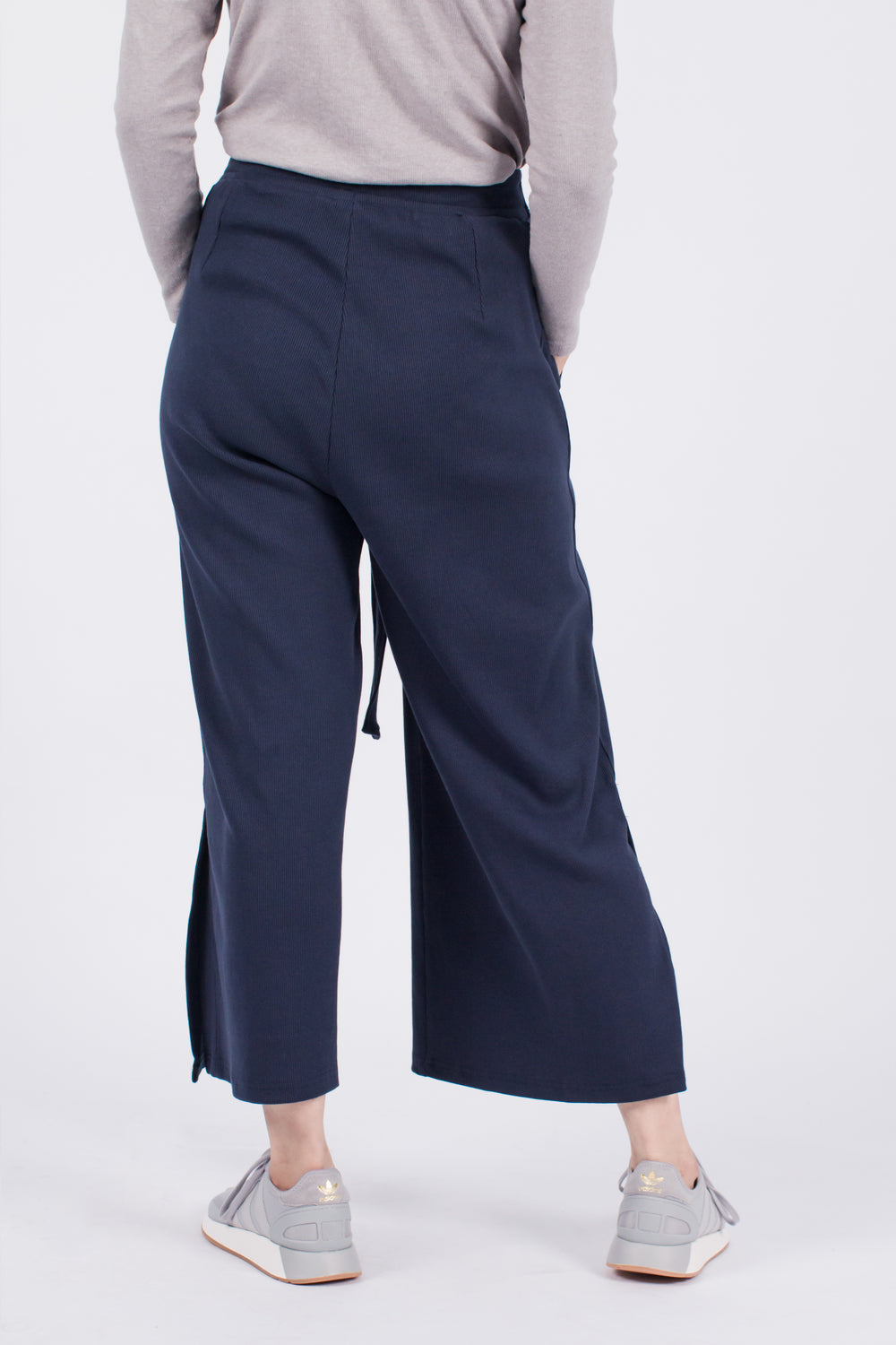 Muzca Sybil Side Slith Pants In Navy Modest Loose Fitting Women Trousers in Navy with Belt Sash, Pockets, Slit in 100% Cotton 