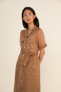 módni Tawny Short Sleeve organza Outer Modest See-Through Below-The-Knee Shirt Dress With Buttons, Chest Pockets, Belt