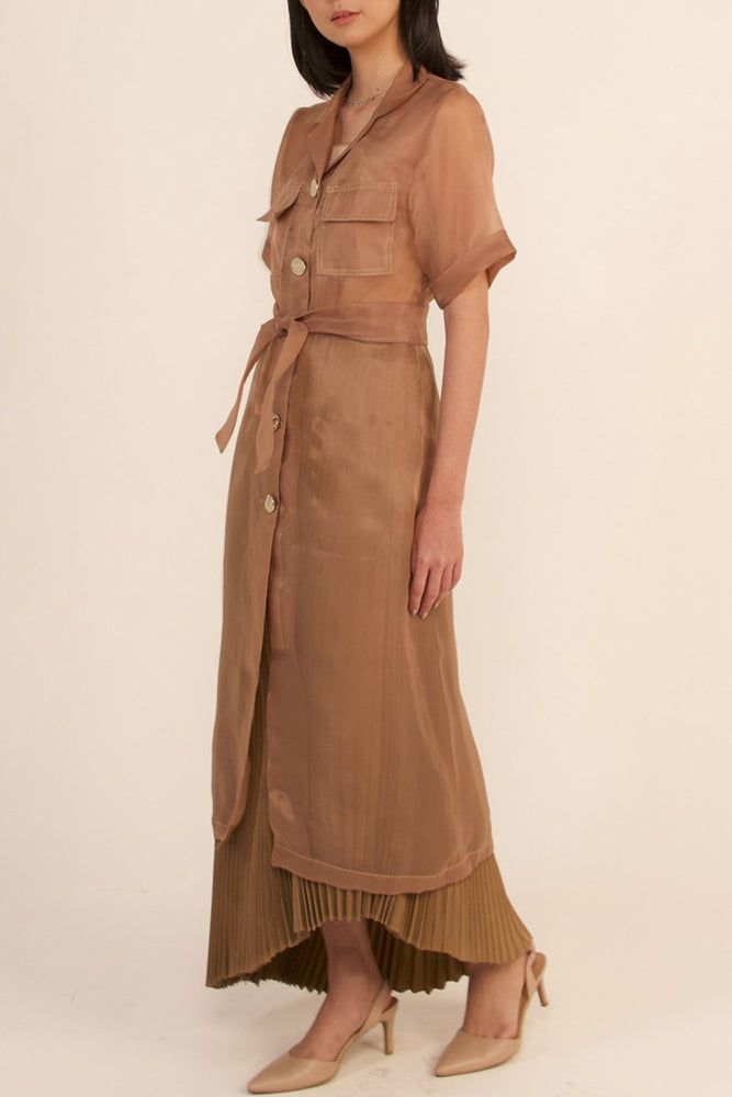 módni Tawny Short Sleeve organza Outer Modest See-Through Below-The-Knee Shirt Dress With Buttons, Chest Pockets, Belt