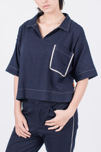 Muzca Dixie Linen Shirt Modest Navy Denim Cropped Top with Collar and White Lining Pockets in 100% Cotton