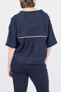 Muzca Dixie Linen Shirt Modest Navy Denim Cropped Top with Collar and White Lining Pockets in 100% Cotton