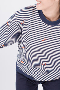 MZC Oversized Sweatshirt Modest Women Stripe Navy Pullover with Logo in 100% Cotton