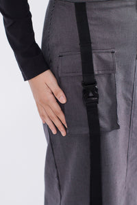 Muzca Ivy Buckle Skirt Modest Midi Grey Skirt with Front Buckle and Pockets in 100% Cotton