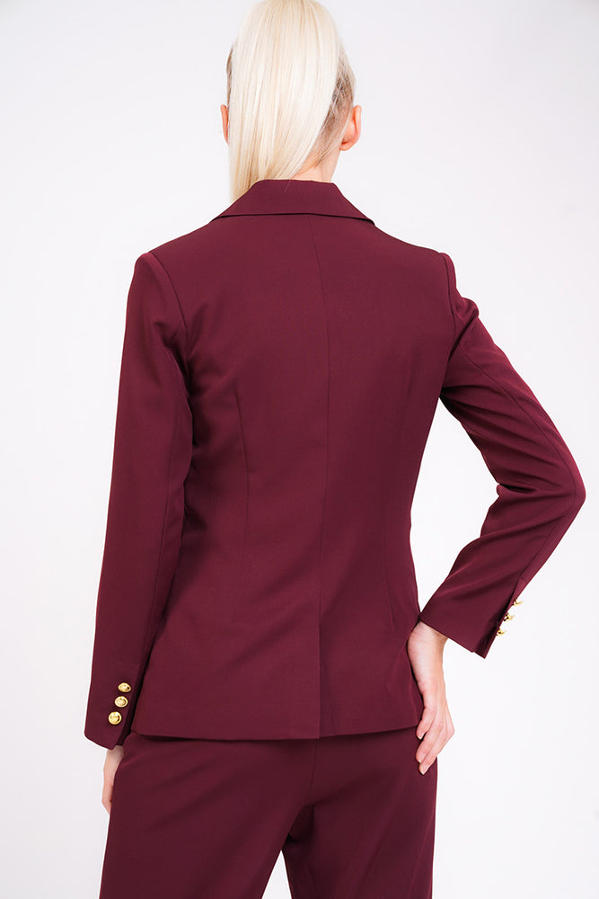 Unique21 Berry Blazer With Gold Button Detail Modest Red Jacket with Single Front Gold Button and Gold Buttons on Lapel and Sleeves with Front Pockets
