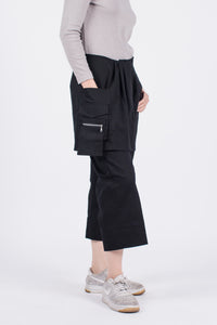 Muzca Tallulah Pants Modest Loose Fitting Long Cropped Black Pants with Side Pockets in 100% Cotton