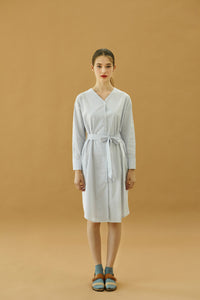  YUPPE Color Stripe Dress in White Modest Loose Fitting Midi Dress with Long Sleeves, Buttons and Sash